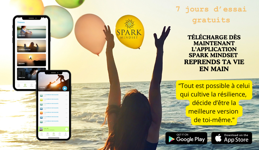 une personne qui utilise l'application mobile spark mindset et écoute des affirmations positives. Elle travaille sur son bien-être et sa réussite. elle comprend les pouvoirs du cerveau et l'influences des affirmations positives sur ses pensées.