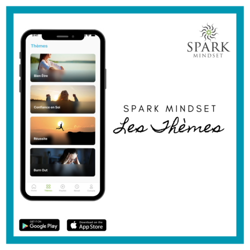 Application mobile Spark Mindset les différents thèmes: Bien-être, confiance en soi, réussite et burnout.
