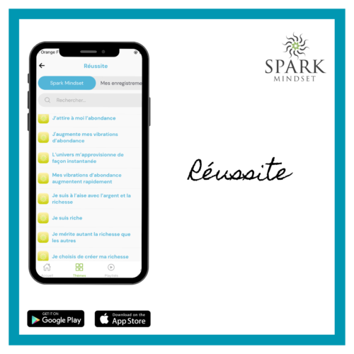 thème réussite de l'application mobile Spark Mindset avec des phrases d'affirmations positives pour avoir des pensées positives en utilisant l'auto hypnose.