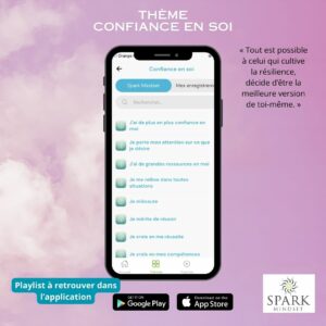 une personne qui augmente sa confiance en soi avec l'application mobile spark mindset basée sur l'auto hypnose. elle écoute des affirmations positives pour changer ses pensées et son mindset